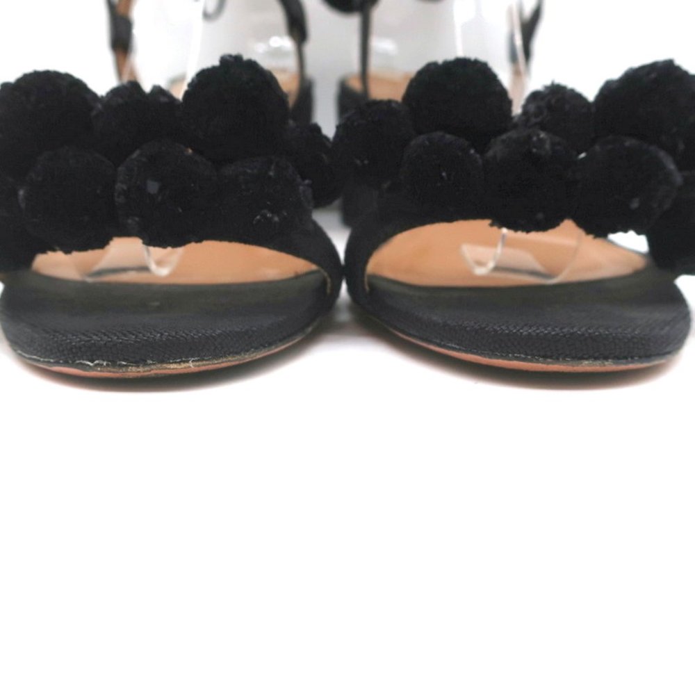 AQUAZZURA POM POM ANKLE TIE SANDALS BLACK RAFFIA SIZE 39 OPEN TOE MID-HEEL - Picture 4 of 9
